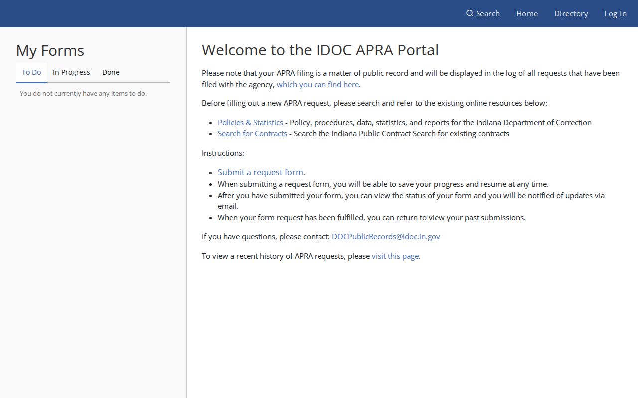 Indiana IDOC public records request portal for an offender photo or other agency record