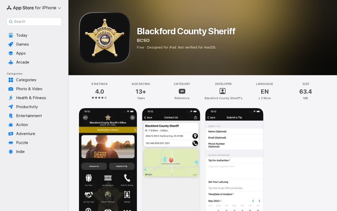 Indiana Blackford County Sheriff app listing with contact and tip features