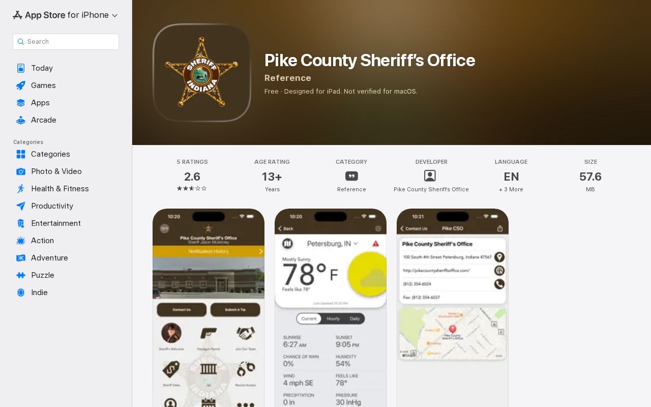 Indiana Pike County Sheriff's Office app listing with local information and tip options