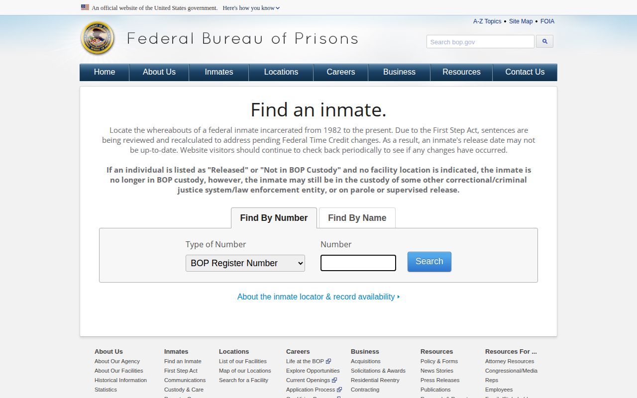Federal BOP inmate locator blank search form for Indiana custody checks