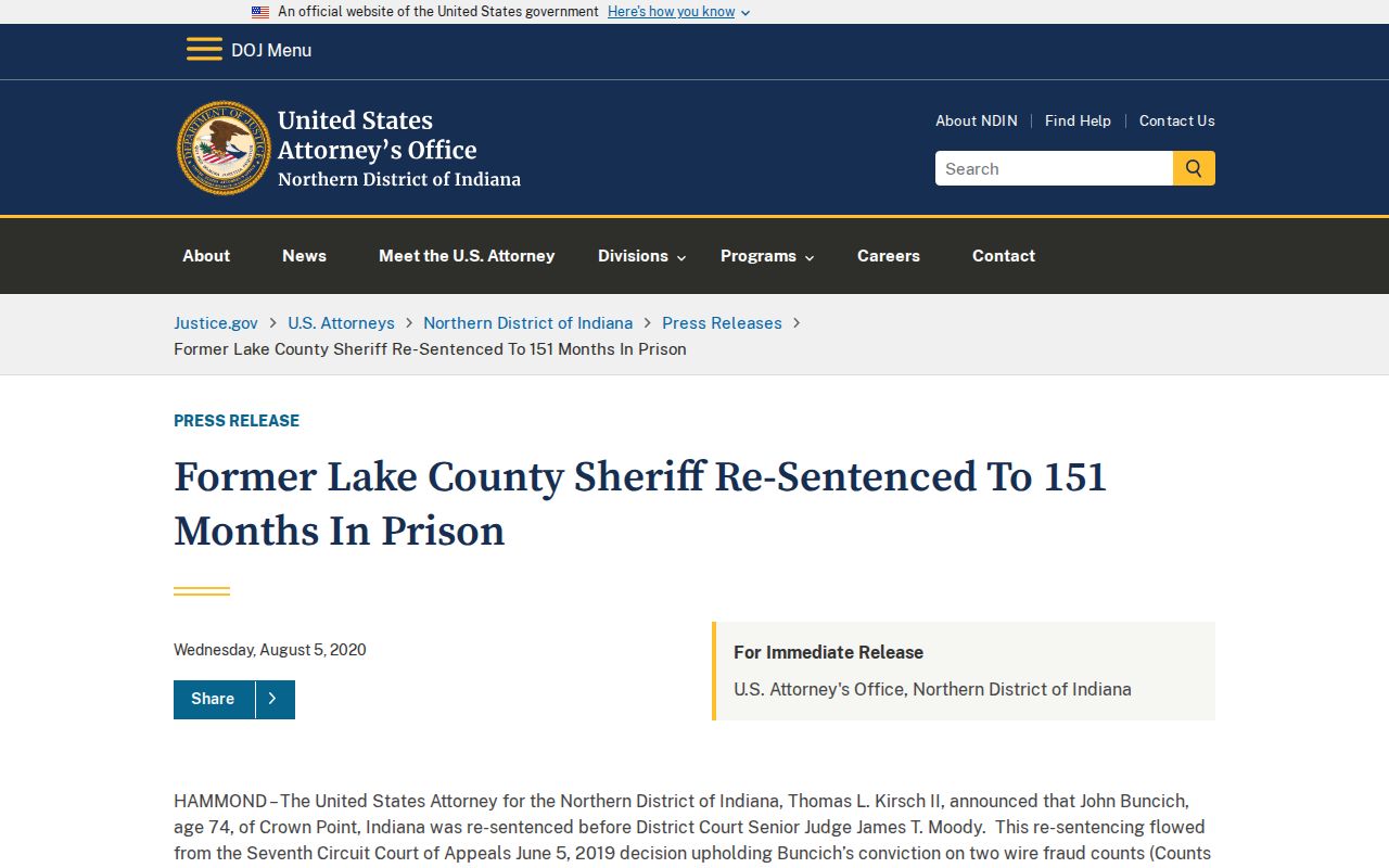 Indiana federal case disposition release for John Buncich