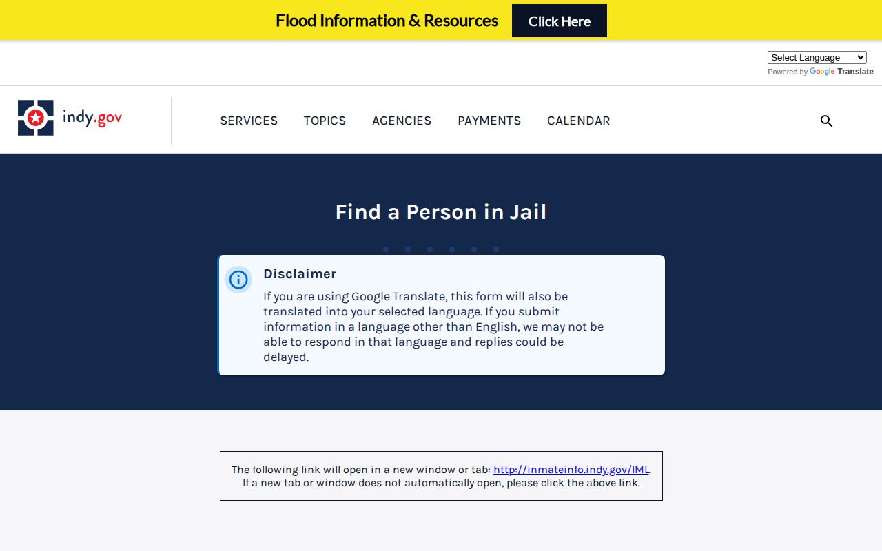 Indiana Marion County jail person search page with no booking-photo result grid