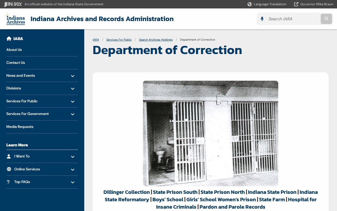 Indiana State Archives Department of Correction holdings for historic prison records