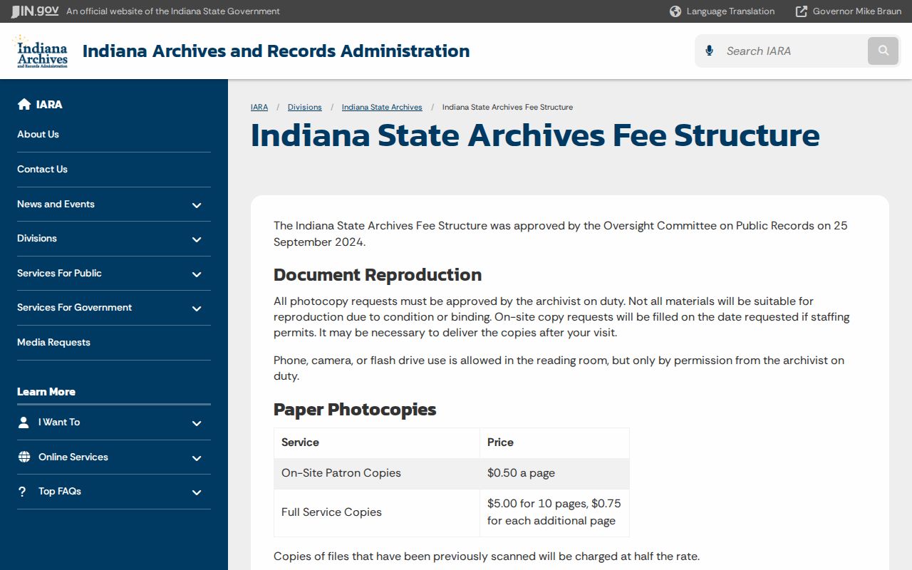 Indiana State Archives fee schedule for record copies and research