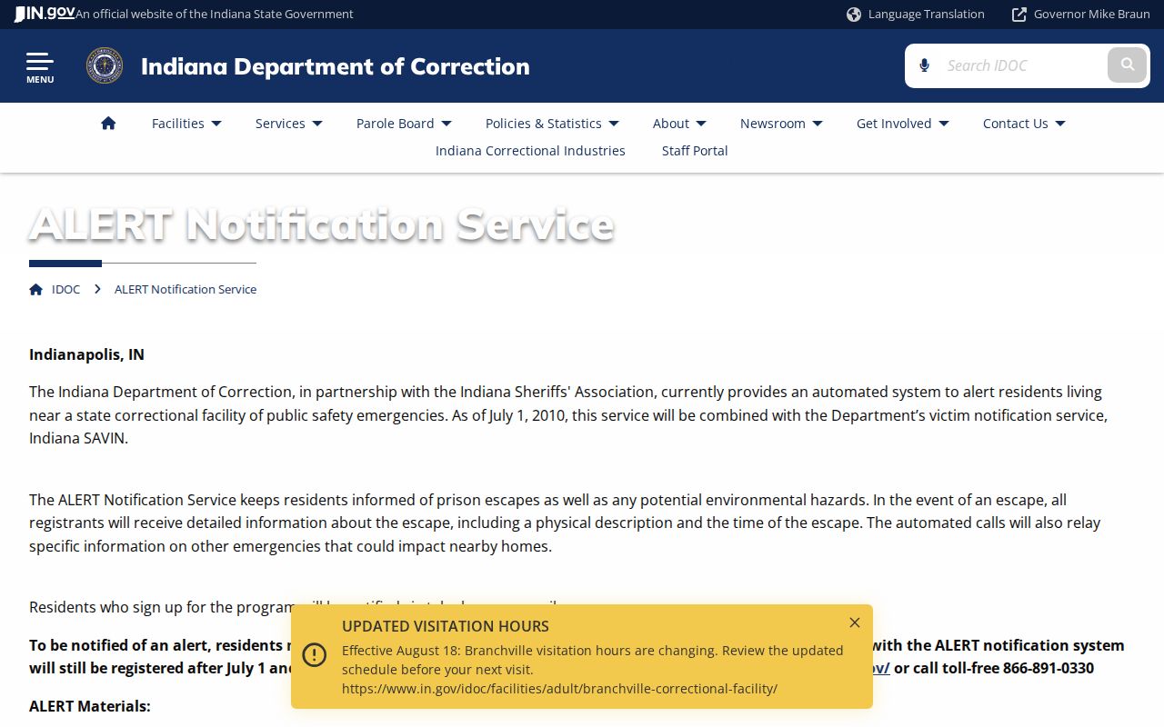 Indiana Department of Correction alert notification page for prison escapes and emergencies