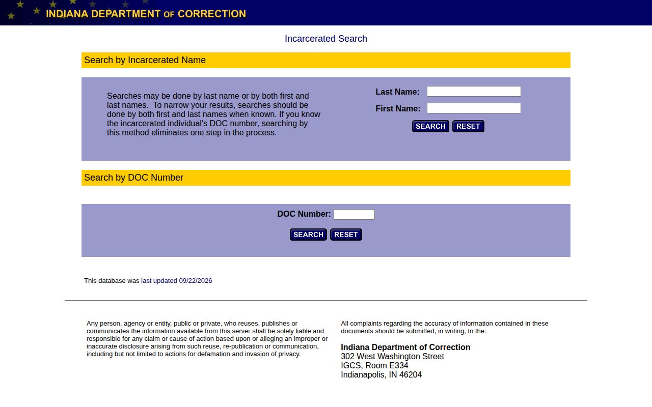 Indiana IDOC offender locator blank state-prison search form
