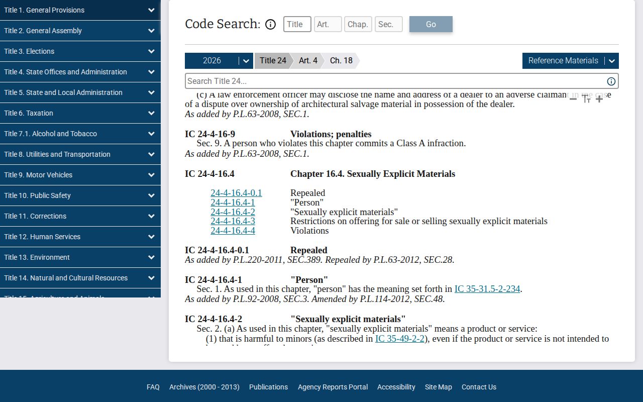 Indiana Code chapter 24-4-18 criminal-history provider statute page