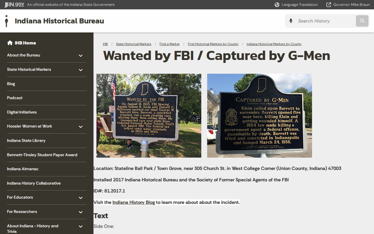 Indiana historical marker record providing context for an old arrest history