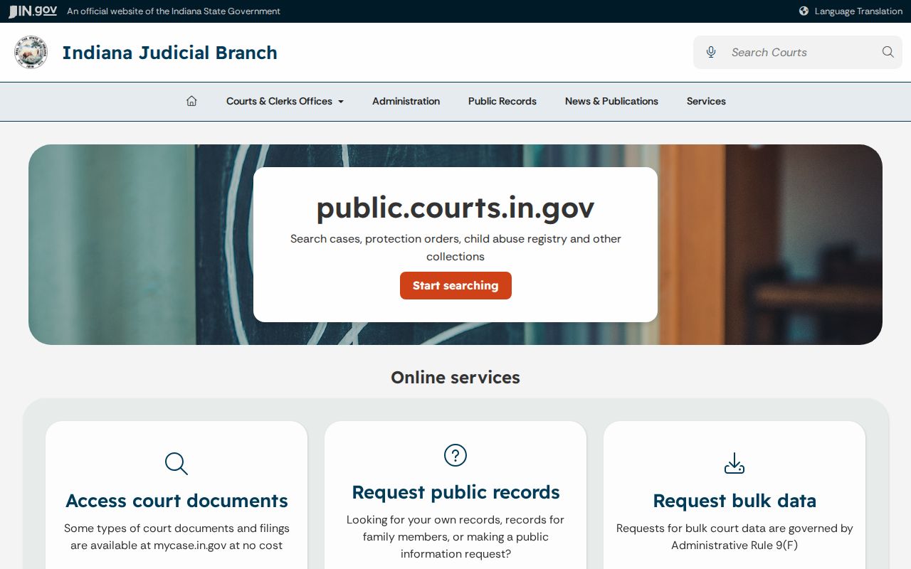 Indiana Judicial Branch public records page routing users to court records and clerks