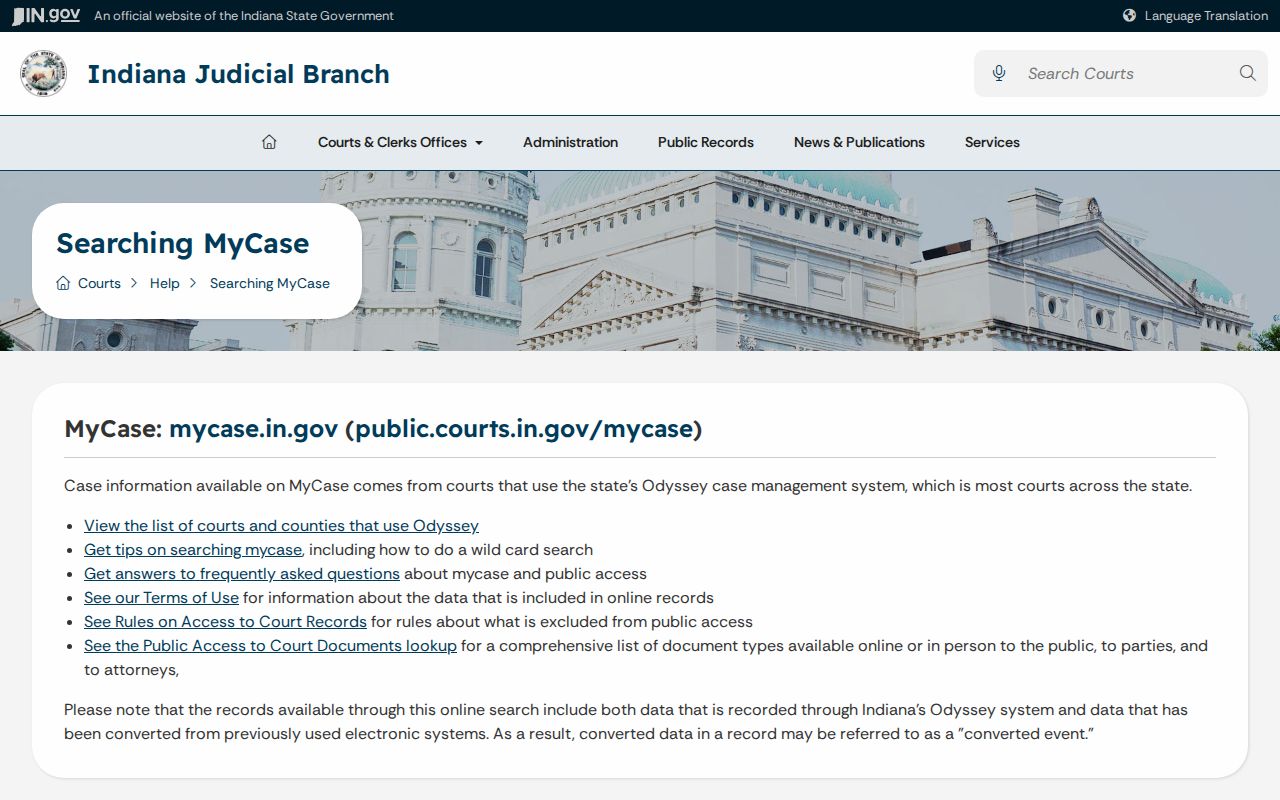 Indiana Judicial Branch MyCase help page for public court records