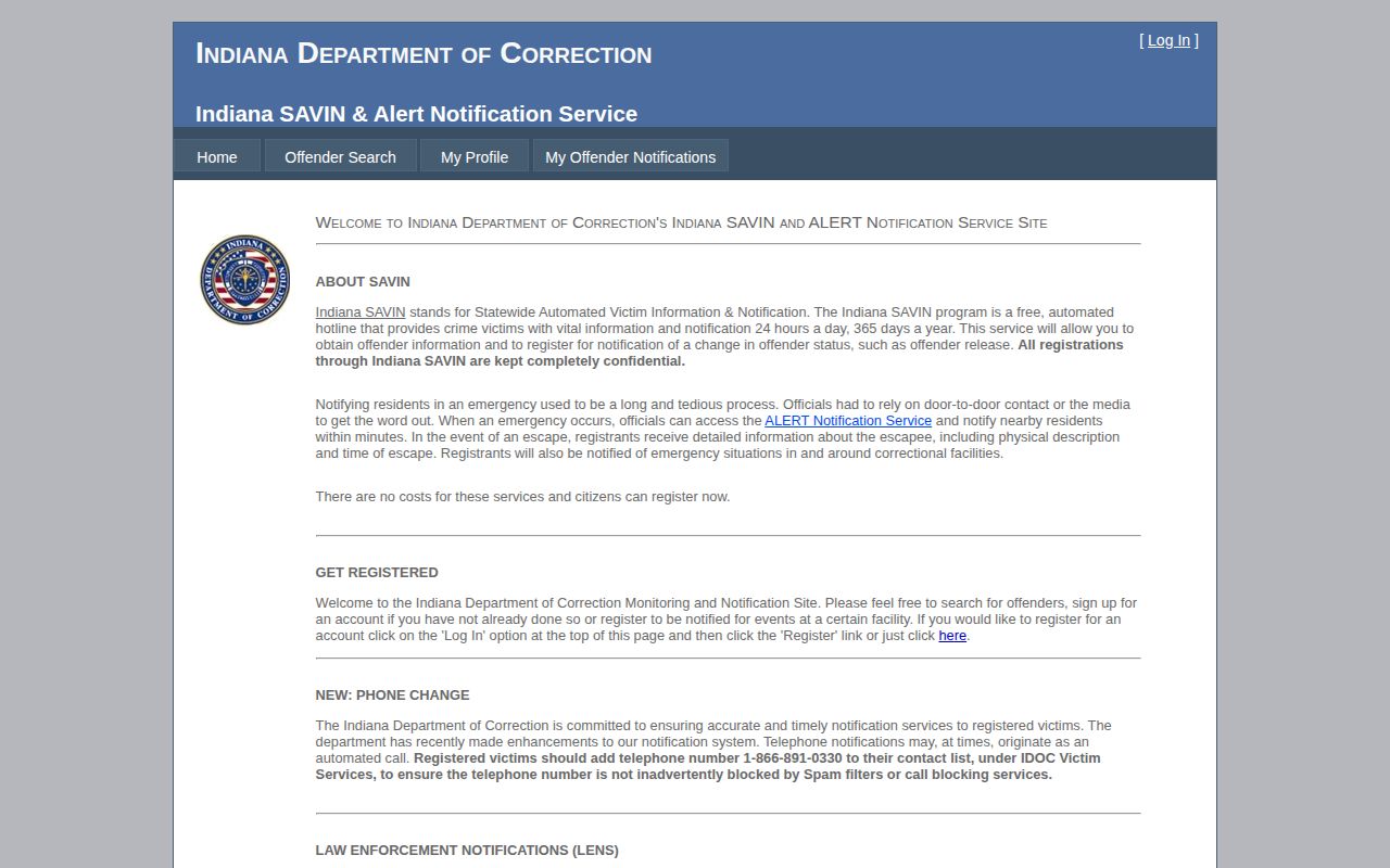 Indiana SAVIN custody status and notification service page