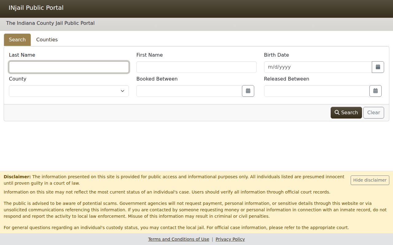 Indiana county jail public portal blank booking roster search form