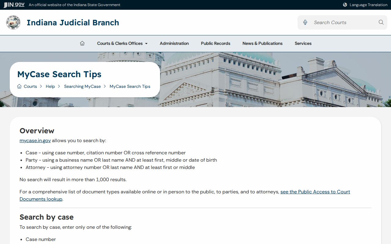 Indiana MyCase search tips for finding court case records